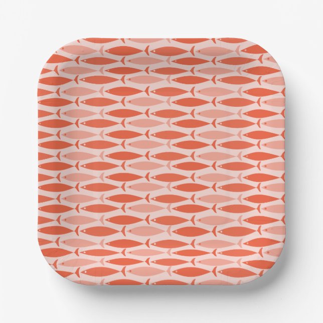 Mid Century Modern Fish Pattern Salmon Orange Paper Plate (Front)