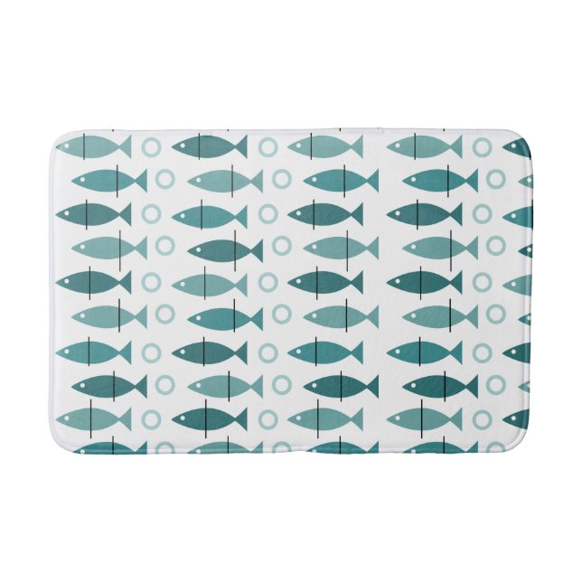 Mid Century Modern Fish Pattern Turquoise Bath Mat (Front)