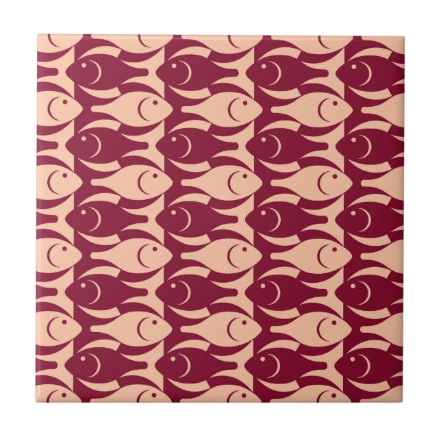 Mid-Century Modern fish, peach and maroon Tile (Front)
