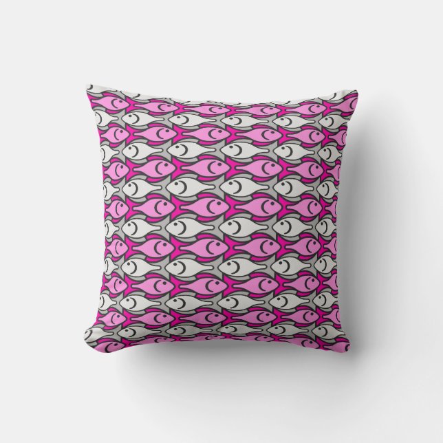 Mid-Century Modern fish, pink and grey Cushion (Front)
