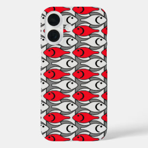 Mid-Century Modern fish, red and grey / grey iPhone 16 Case