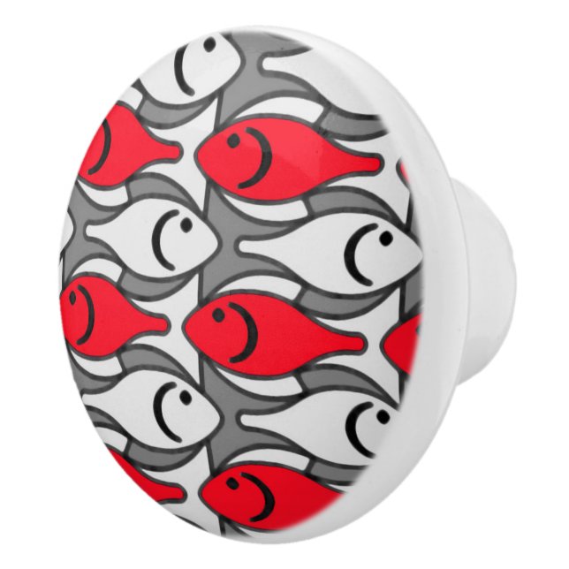 Mid-Century Modern fish, red and grey / grey Ceramic Knob (Right)