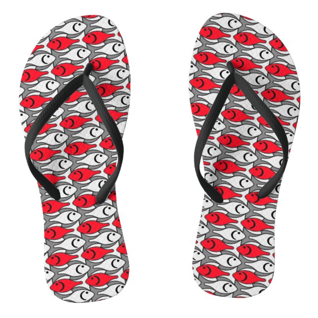 Mid-Century Modern fish, red and grey / grey Jandals (Footbed)