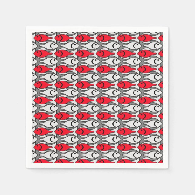 Mid-Century Modern fish, red and grey / grey Napkin (Front)