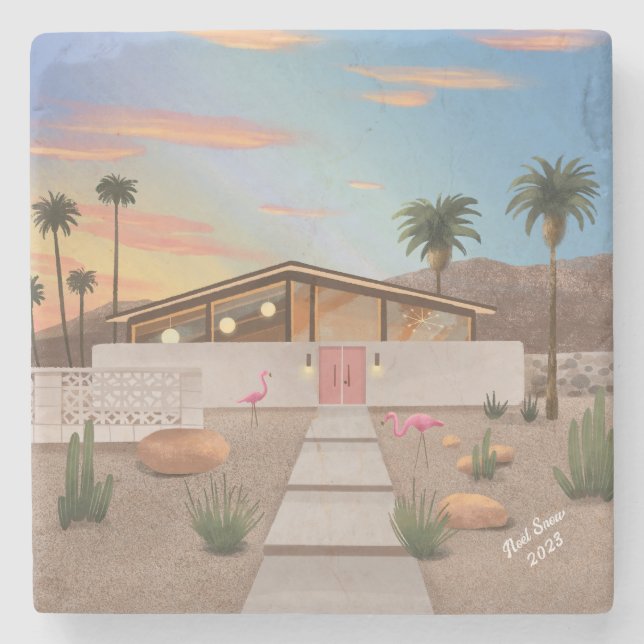 Mid Century Modern Flamingo House Stone Coaster (Front)
