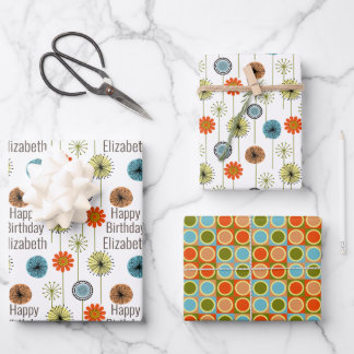 Mid Century Modern Floral Birthday Wrapping Paper Sheet