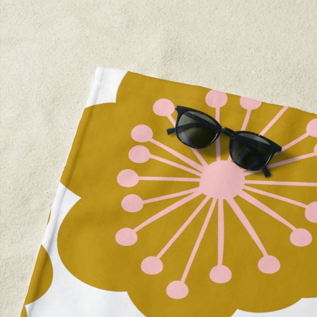 Mid Century Modern Floral Flower Pattern Mustard Beach Towel (In Situ)