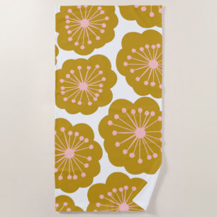 Mid Century Modern Floral Flower Pattern Mustard Beach Towel