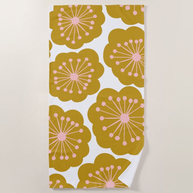 Mid Century Modern Floral Flower Pattern Mustard Beach Towel (Front)