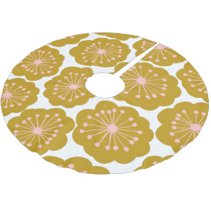 Mid Century Modern Floral Flower Pattern Mustard Brushed Polyester Tree Skirt