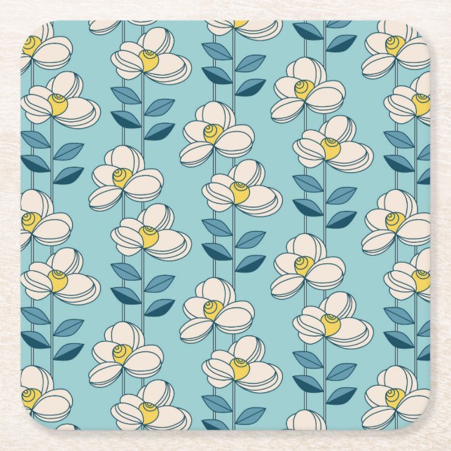 Mid-Century Modern Floral Leaf Pattern Square Paper Coaster (Front)