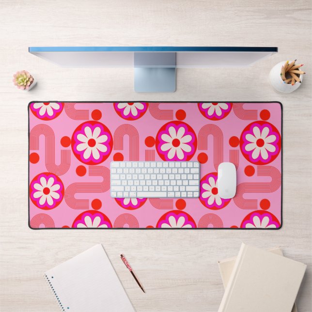 Mid Century Modern Floral Pattern Pink Retro  Desk Mat (Office 1)