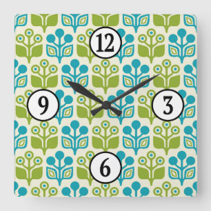 Mid Century Modern Floral Pattern Square Wall Clock