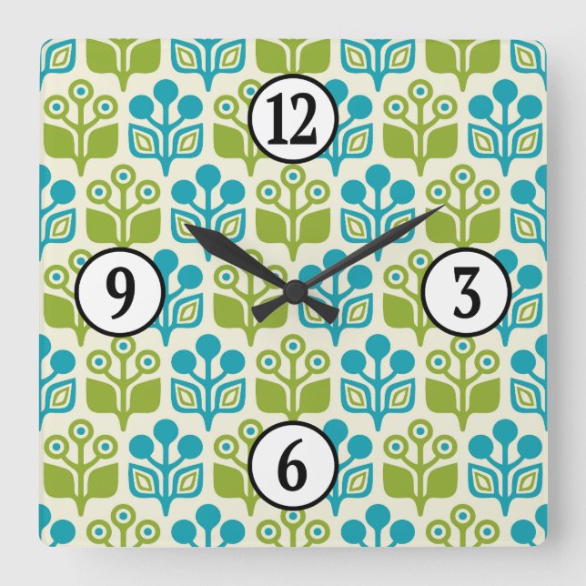 Mid Century Modern Floral Pattern Square Wall Clock (Front)