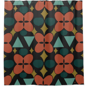 Mid Century Modern Flower Diamond Black  Shower Curtain