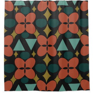 Mid Century Modern Flower Diamond Black Shower Curtain
