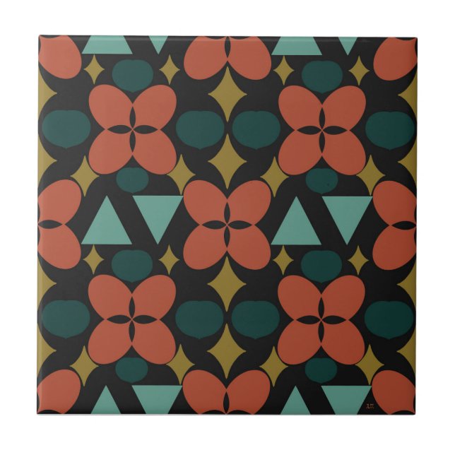 Mid Century Modern Flower Diamond Black  Tile (Front)