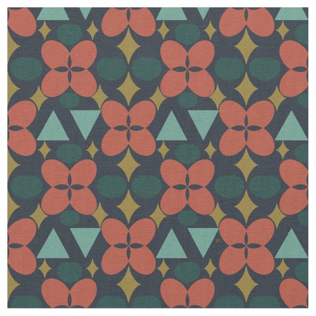 Mid Century Modern Flower Diamond Blue Pattern Fabric (Close Up)