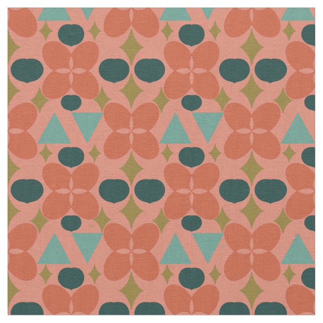 Mid Century Modern Flower Diamond Coral Pattern Fabric (Close Up)