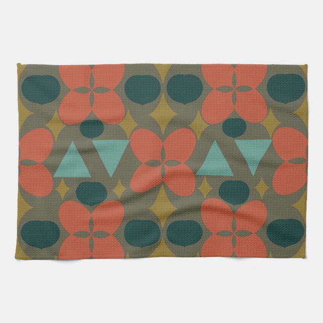 Mid Century Modern Flower Diamond Green Tea Towel (Horizontal)