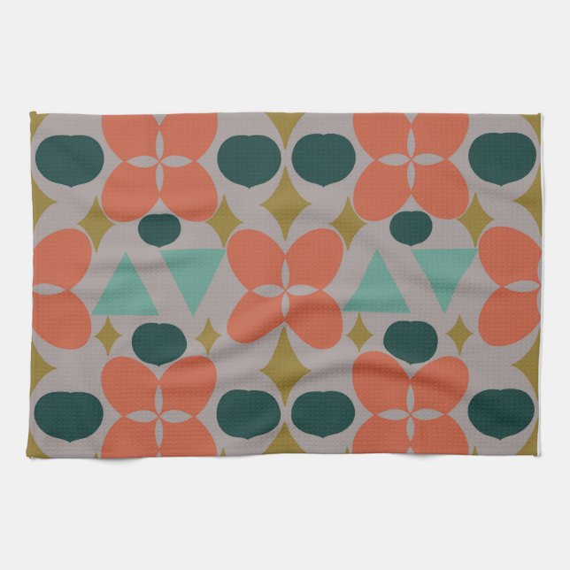 Mid Century Modern Flower Diamond Grey  Tea Towel (Horizontal)