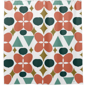 Mid Century Modern Flower Diamond Pattern Fabric Shower Curtain
