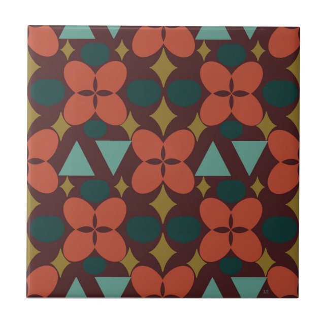 Mid Century Modern Flower Diamond Red  Tile (Front)