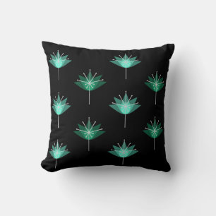 Mid Century Modern Flowers Black Turquoise Cushion
