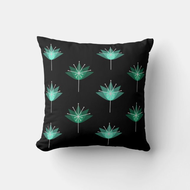Mid Century Modern Flowers Black Turquoise Cushion (Front)