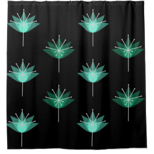 Mid Century Modern Flowers Black Turquoise Shower Curtain