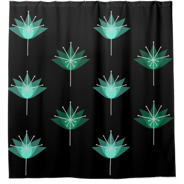 Mid Century Modern Flowers Black Turquoise Shower Curtain (Front)