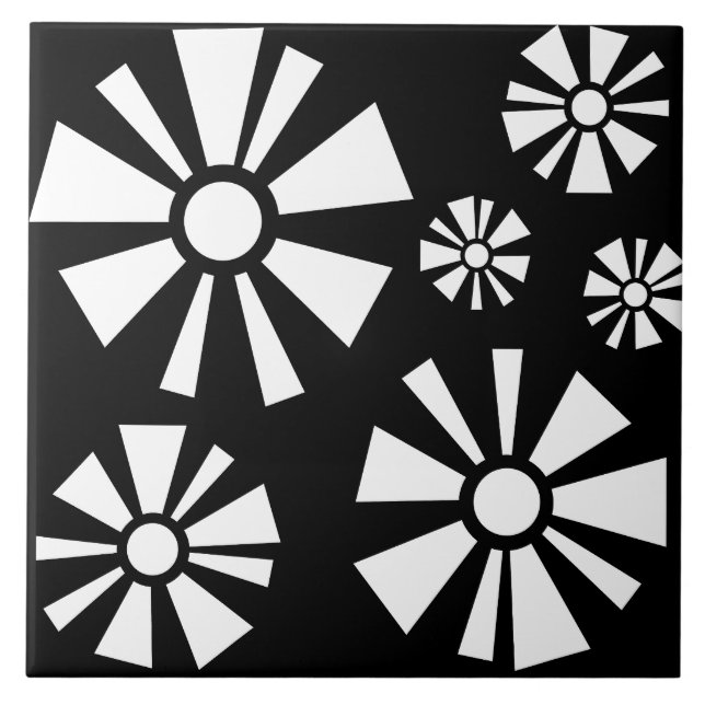 Mid Century Modern Flowers Black White Tile (Front)
