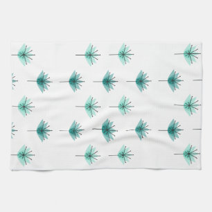 Mid Century Modern Flowers Turquoise Tea Towel