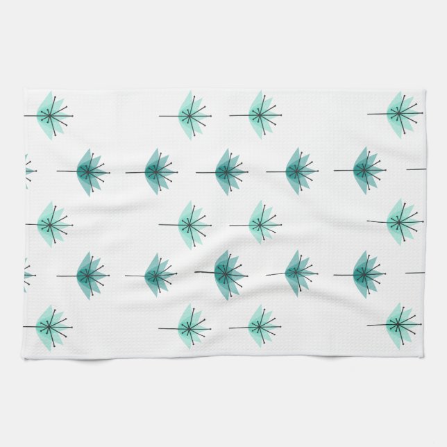 Mid Century Modern Flowers Turquoise Tea Towel (Horizontal)
