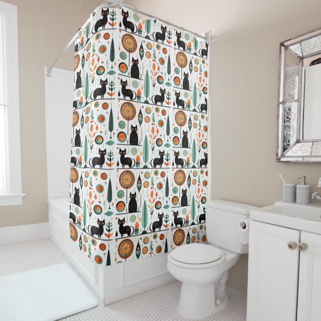  Mid Century Modern Funny Space Cats  Shower Curtain (In Situ)