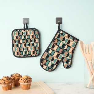 Mid Century Modern Geometric Abstract Pattern Oven Mitt & Pot Holder Set