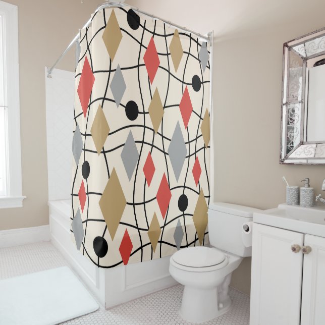 Mid Century Modern Geometric Abstract Shower Curtain (In Situ)