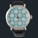 Mid Century Modern Geometric Flowers Watch<br><div class="desc">This Mid Century Modern Geometric Flowers Watch is a mid century modern take on botany! This whimsical aqua and teal chequerboard design has alternating mod flowers of aqua and dove grey on each square. The dove grey flowers have square darker grey centres and the aqua flowers have dove grey centres....</div>