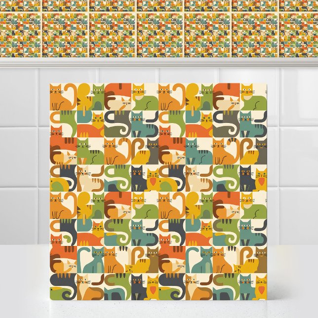 Mid Century Modern Geometric Fun Cat Retro Pattern Tile (Cute and Funny Mid Century Modern Geometric Fun Cat Retro Colorful Ol'd School Pattern Ceramic Tile)