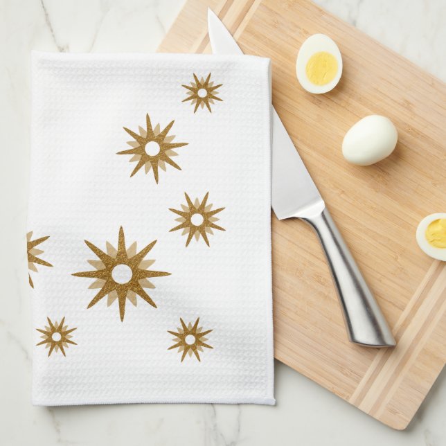 Mid-Century Modern Geometric Gold Starburst Design Tea Towel (Quarter Fold)