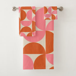 Mid century modern geometric pattern pink orange  bath towel set