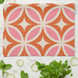 Mid century modern geometric pattern pink orange tea towel