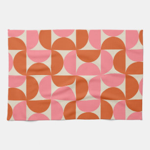 Mid century modern geometric pattern pink orange tea towel