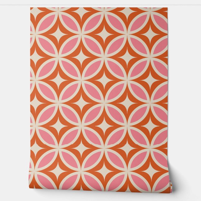 Mid Century Modern Geometric Pattern Pink Orange Wallpaper (Unrolling)