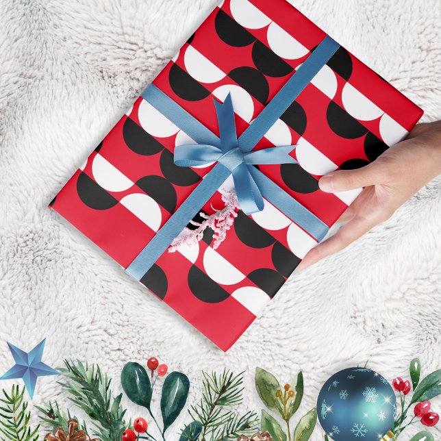 Mid-Century Modern Geometric Pattern Red Gift Wrapping Paper (Mid century modern Christmas gift wrap with semicircles pattern, in red with white and black)
