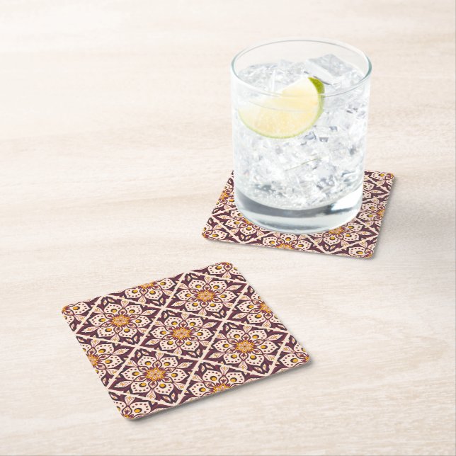 Mid-Century Modern Geometric Pattern – Retro Abstr Square Paper Coaster (Insitu)