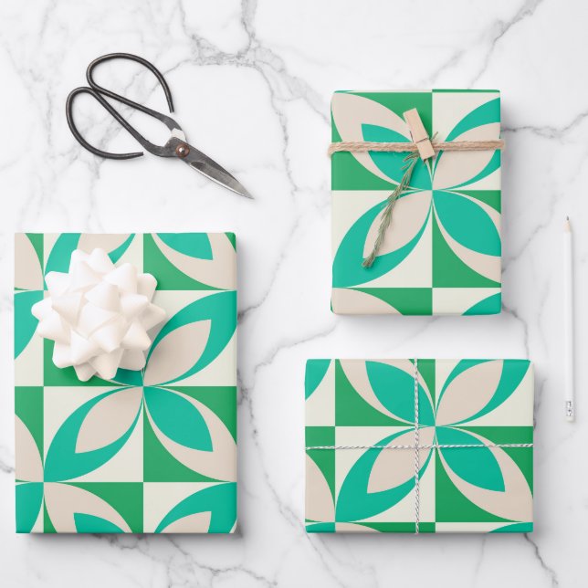 Mid Century Modern Geometric Shapes Mint Green Wrapping Paper Sheet (Front)