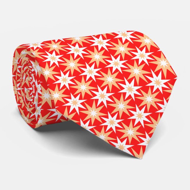 Mid-Century Modern Geometric Star Pattern Red Tie (Rolled)