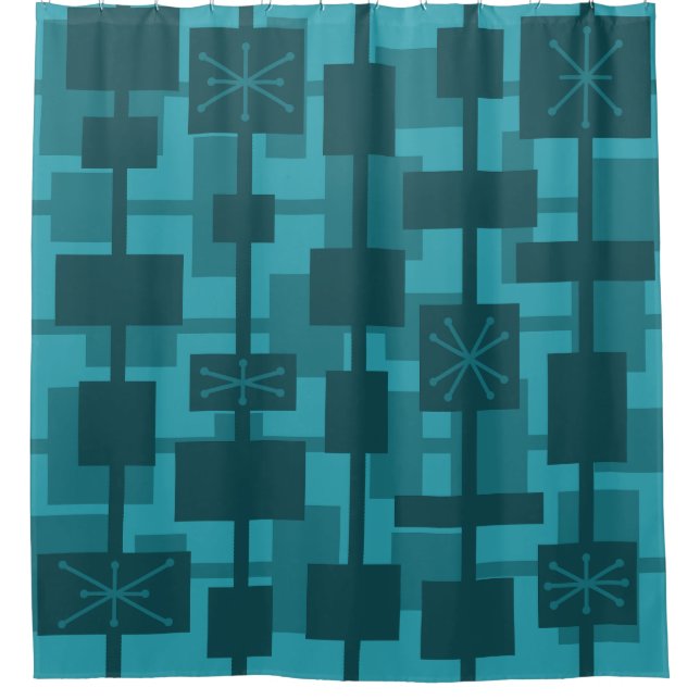 Mid Century Modern Geometric Teal Shower Curtain (Front)