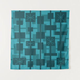 Mid Century Modern Geometric Teal Tapestry